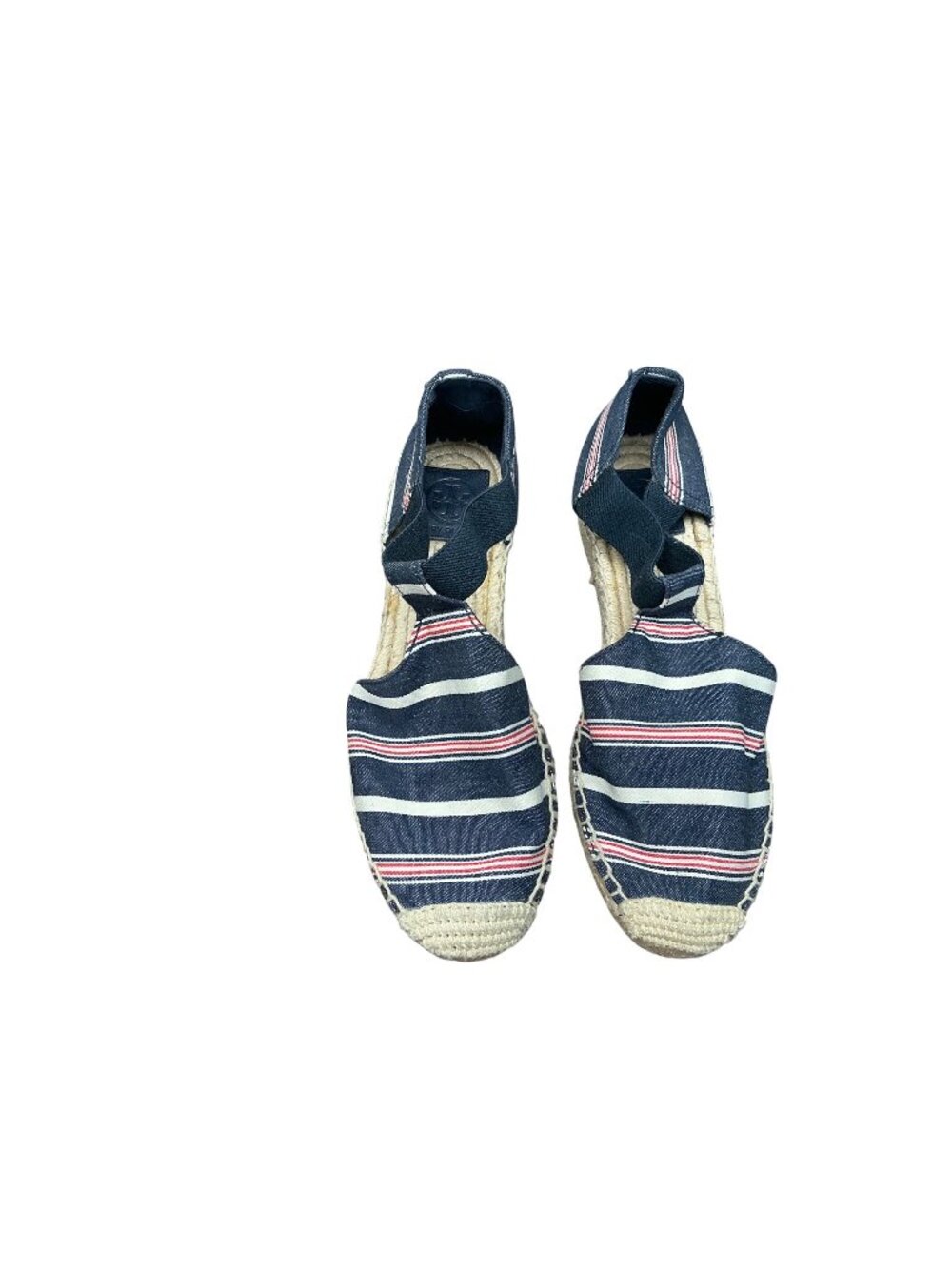 Tory Burch Striped Espadrille Flats Blue Canvas Ankle Strap Summer  Sz 7.5